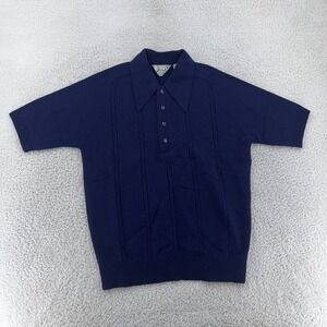 Vintage 70s Bamberger's Short Sleeve Knit Sweater‎ Mens S/M Navy Blue Acrylic